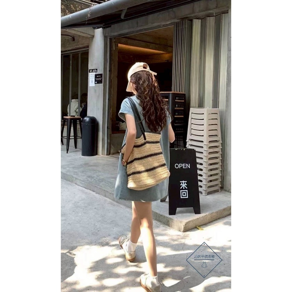 🌿Lu的平價衣櫃🌿🌸現貨A04-W01-1001-35✔️韓系復古率性翻領小飛袖洗水牛仔門釦洋裝（不含腰帶）-細節圖4