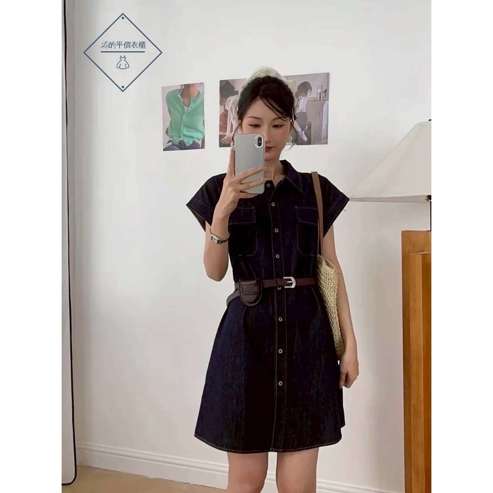 🌿Lu的平價衣櫃🌿🌸現貨A04-W01-1001-35✔️韓系復古率性翻領小飛袖洗水牛仔門釦洋裝（不含腰帶）-細節圖5