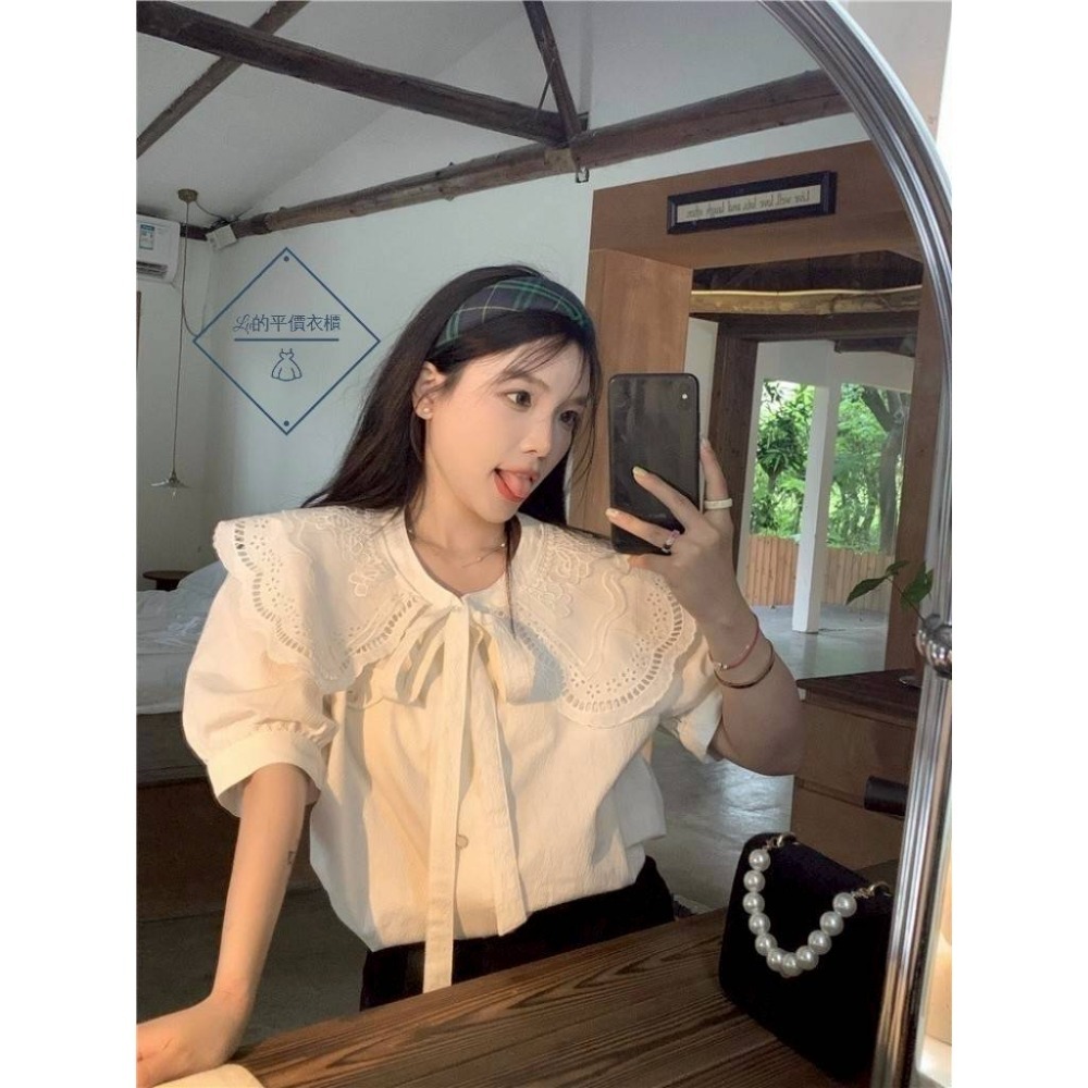 🌿Lu的平價衣櫃🌿🌸現貨1857-27✔️韓標🇰🇷韓系氣質活動花邊領可愛甜美綁帶上衣-細節圖2