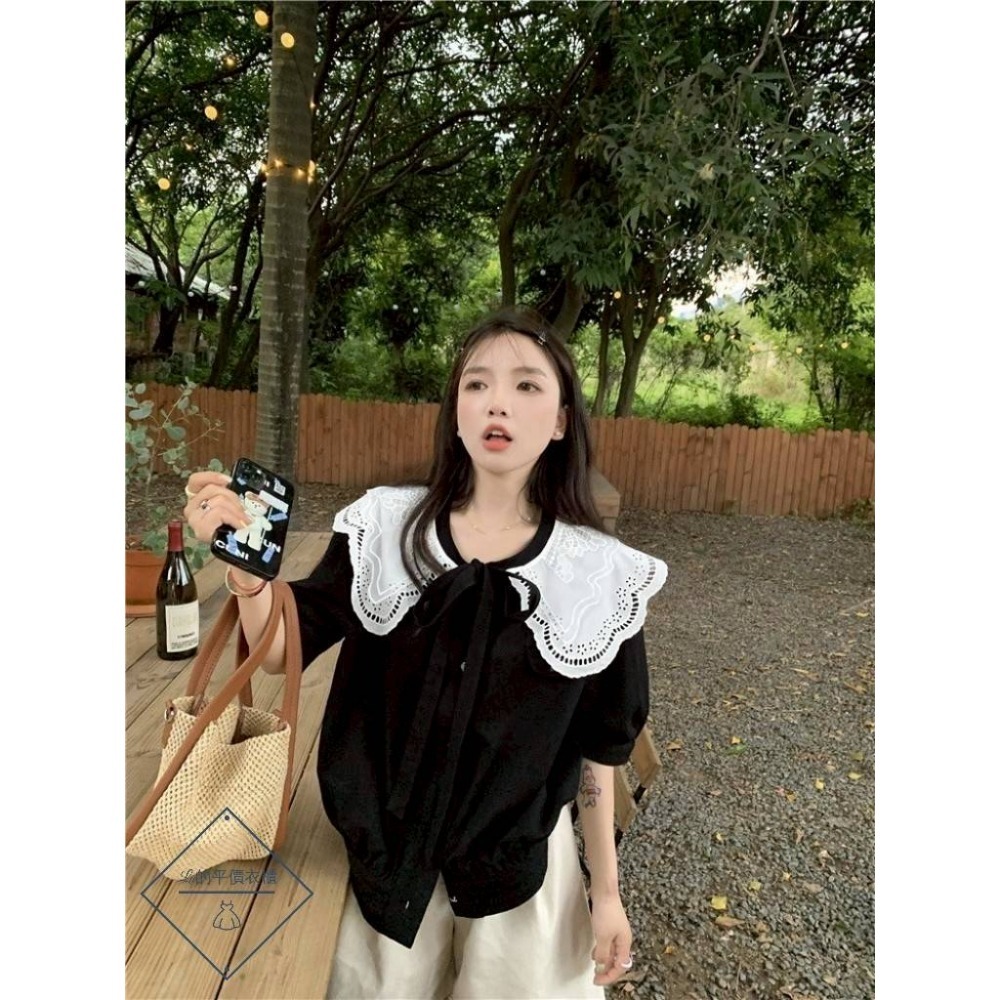 🌿Lu的平價衣櫃🌿🌸現貨1857-27✔️韓標🇰🇷韓系氣質活動花邊領可愛甜美綁帶上衣-細節圖3