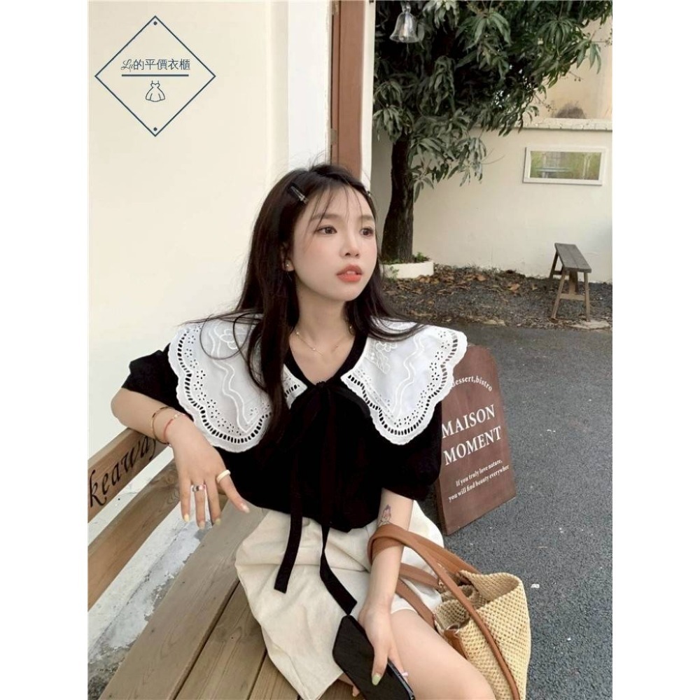 🌿Lu的平價衣櫃🌿🌸現貨1857-27✔️韓標🇰🇷韓系氣質活動花邊領可愛甜美綁帶上衣-細節圖6