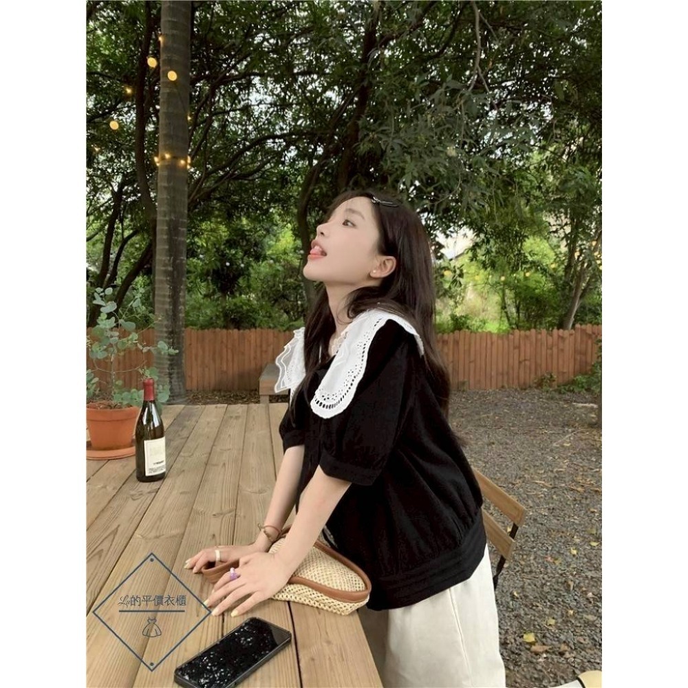 🌿Lu的平價衣櫃🌿🌸現貨1857-27✔️韓標🇰🇷韓系氣質活動花邊領可愛甜美綁帶上衣-細節圖7