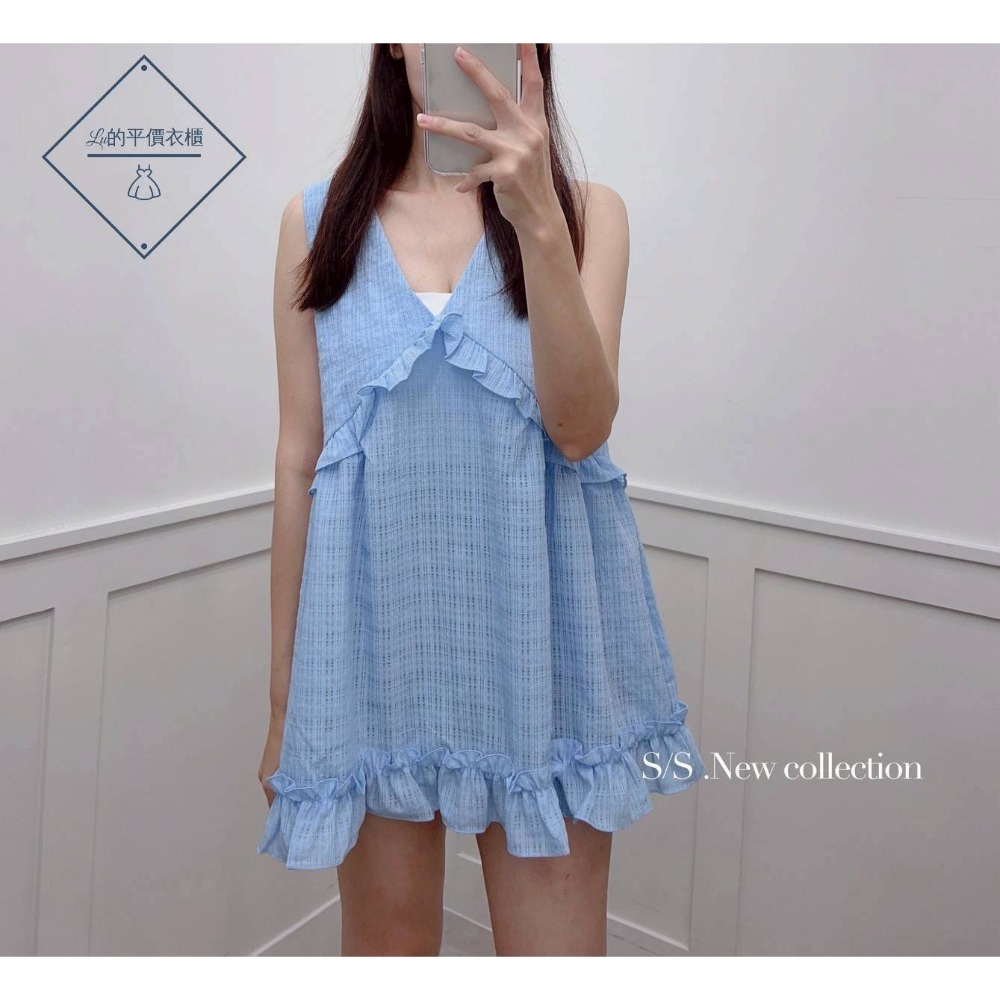 🌿Lu的平價衣櫃🌿🌸現貨38950e3✔️韓國同款🇰🇷甜美感V領荷葉邊造型短洋裝#甜美#荷葉邊#無袖#短洋-細節圖3