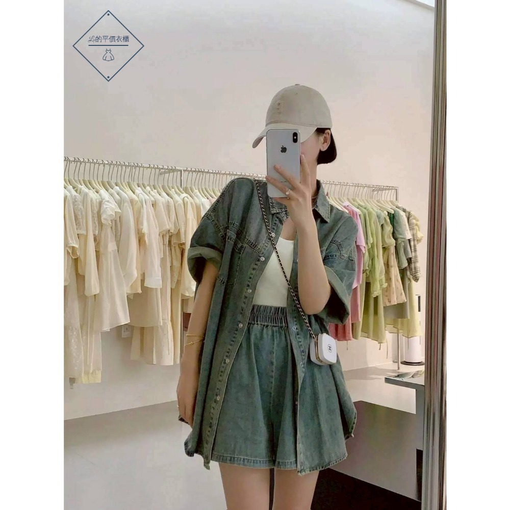 🌿Lu的平價衣櫃🌿🌸現貨1002-39✔️韓系率性質感個性百搭休閒牛仔短褲套裝#兩件套#短褲#牛仔#短袖#套裝-細節圖3