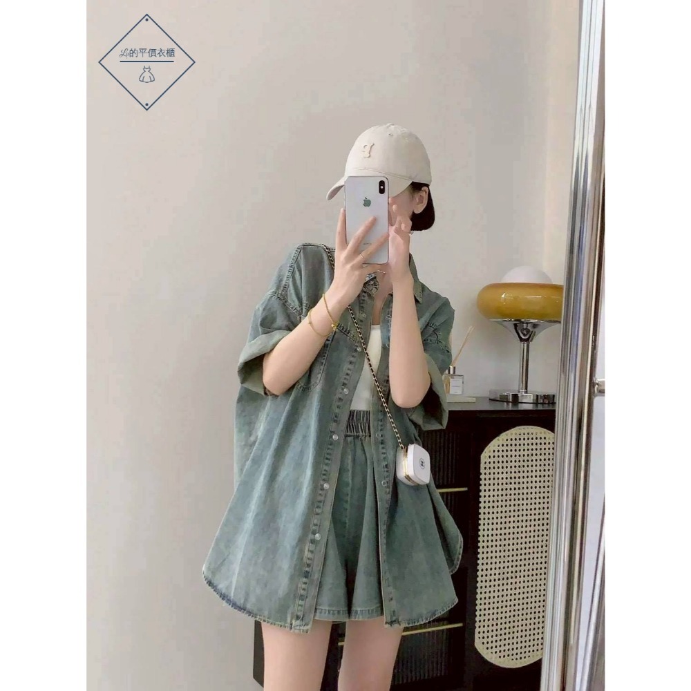 🌿Lu的平價衣櫃🌿🌸現貨1002-39✔️韓系率性質感個性百搭休閒牛仔短褲套裝#兩件套#短褲#牛仔#短袖#套裝-細節圖4