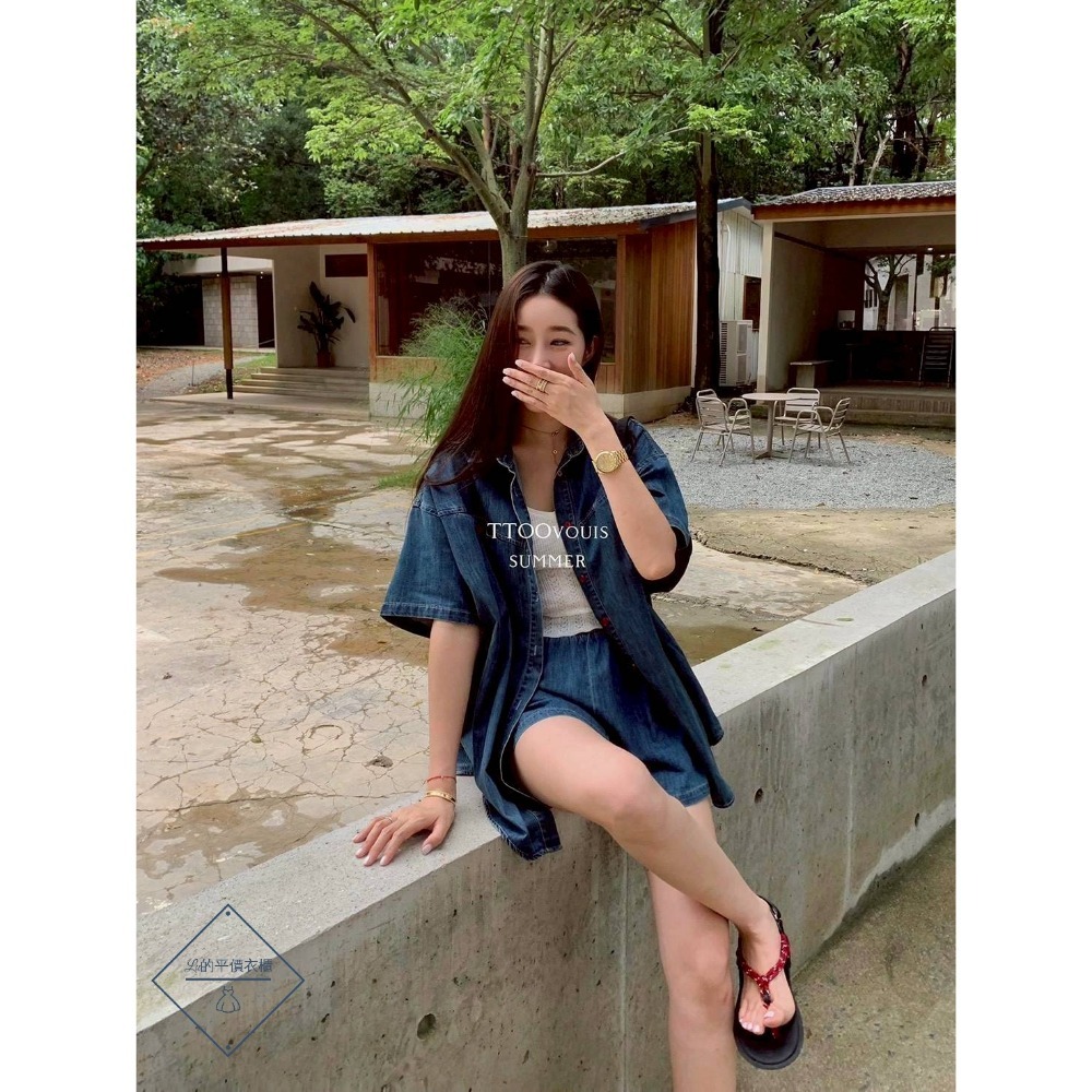 🌿Lu的平價衣櫃🌿🌸現貨1002-39✔️韓系率性質感個性百搭休閒牛仔短褲套裝#兩件套#短褲#牛仔#短袖#套裝-細節圖5