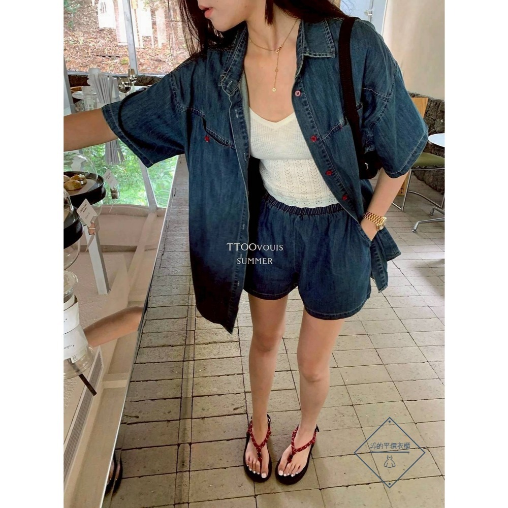 🌿Lu的平價衣櫃🌿🌸現貨1002-39✔️韓系率性質感個性百搭休閒牛仔短褲套裝#兩件套#短褲#牛仔#短袖#套裝-細節圖6
