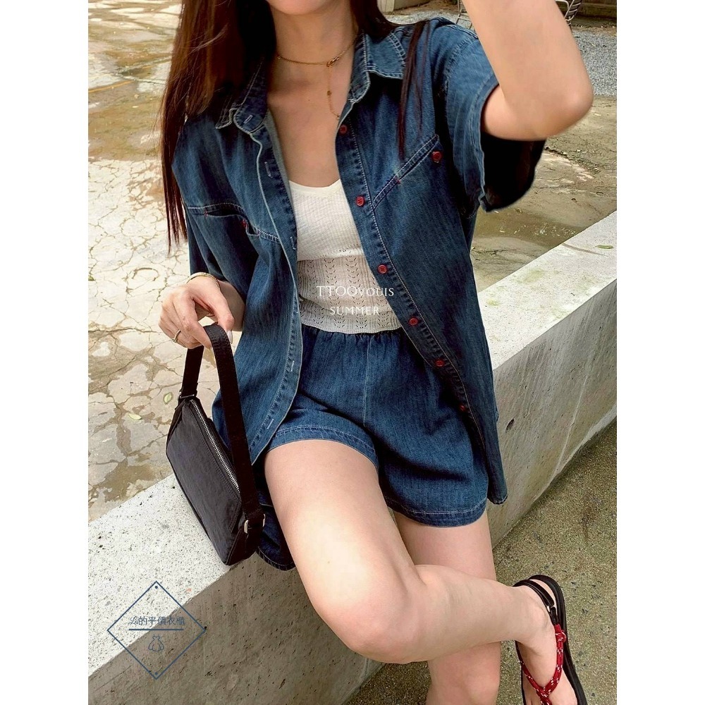 🌿Lu的平價衣櫃🌿🌸現貨1002-39✔️韓系率性質感個性百搭休閒牛仔短褲套裝#兩件套#短褲#牛仔#短袖#套裝-細節圖7