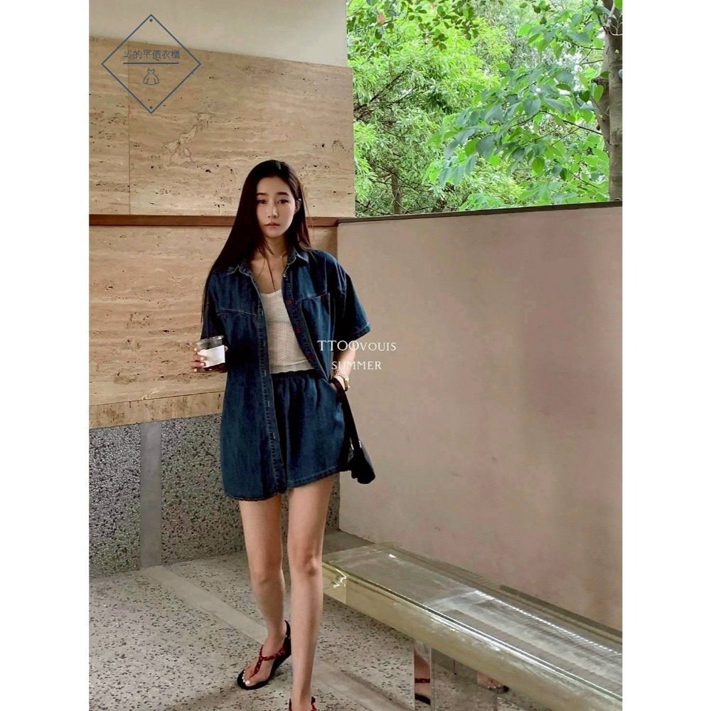 🌿Lu的平價衣櫃🌿🌸現貨1002-39✔️韓系率性質感個性百搭休閒牛仔短褲套裝#兩件套#短褲#牛仔#短袖#套裝-細節圖8