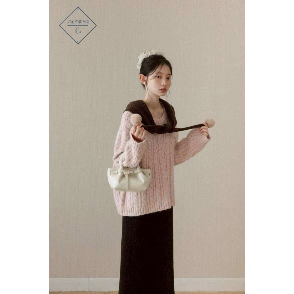 🌿Lu的平價衣櫃🌿🌸現貨A02-17-433-32✔️韓系溫柔甜美粉色慵懶少女毛衣+毛球披肩兩件套#韓系甜美#女裝-細節圖2