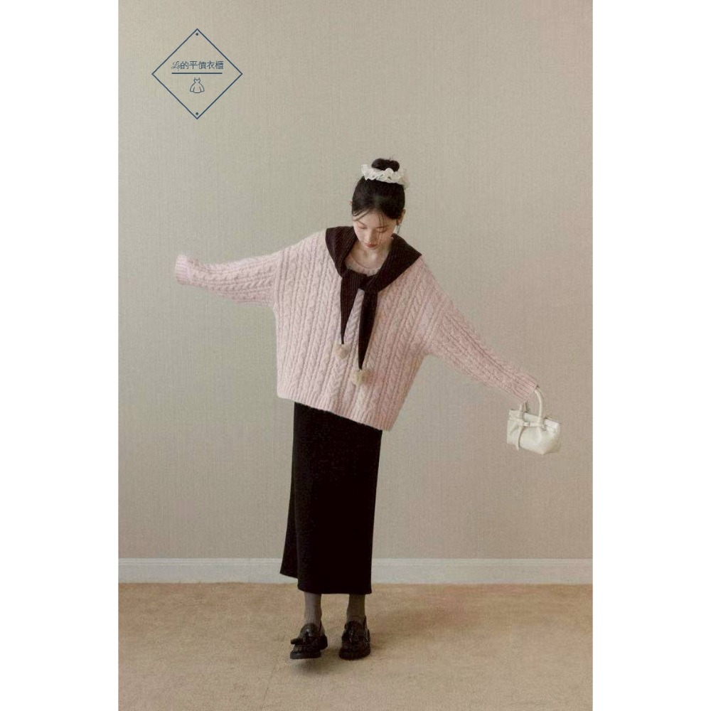 🌿Lu的平價衣櫃🌿🌸現貨A02-17-433-32✔️韓系溫柔甜美粉色慵懶少女毛衣+毛球披肩兩件套#韓系甜美#女裝-細節圖5