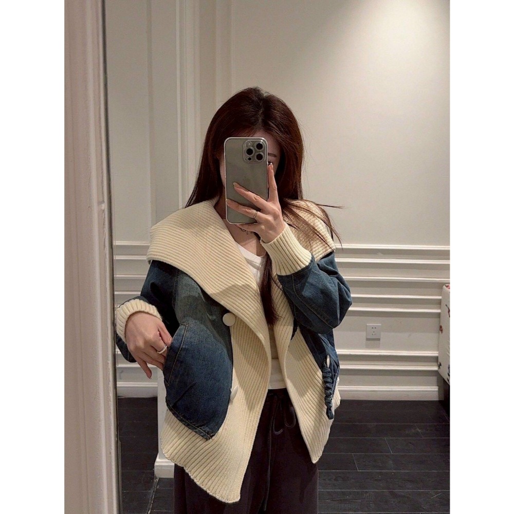 🌿Lu的平價衣櫃🌿🌸現貨A01-W02-11422-49✔️韓系質感設計感造型翻領針織拼接牛仔外套-細節圖2