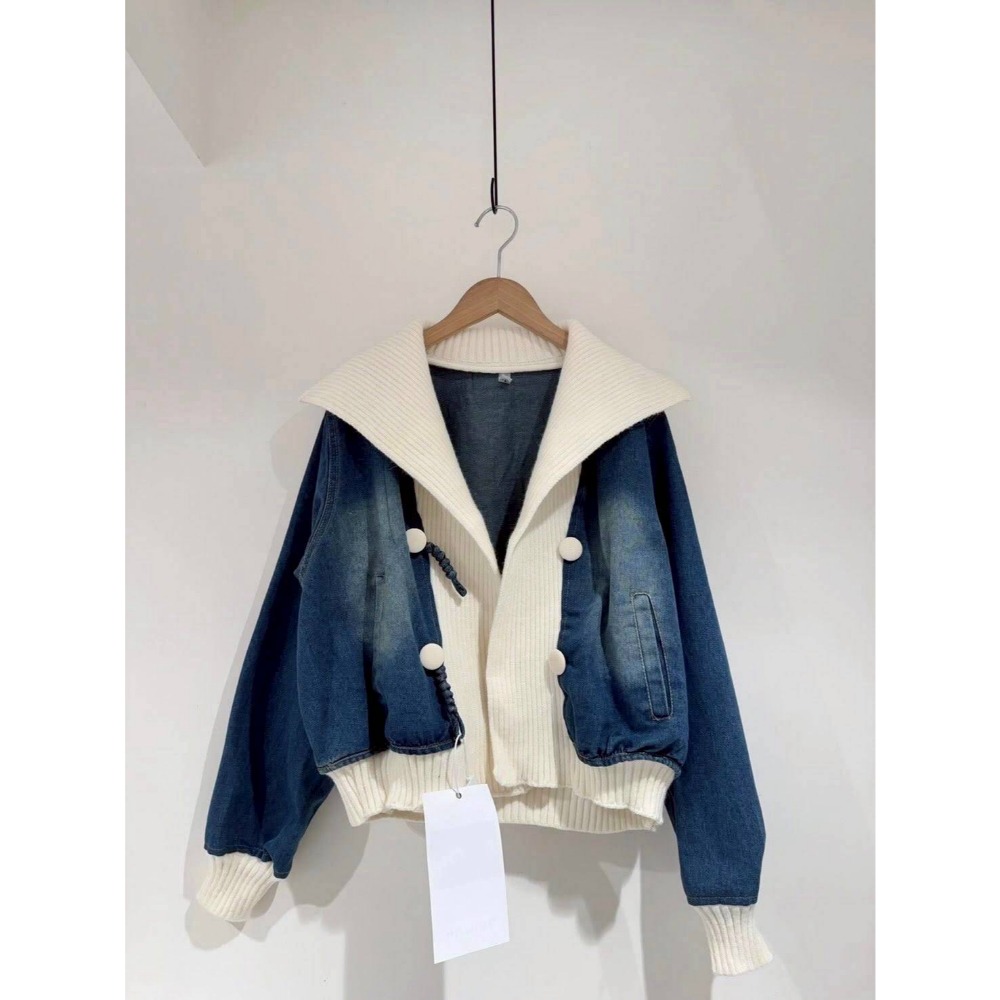 🌿Lu的平價衣櫃🌿🌸現貨A01-W02-11422-49✔️韓系質感設計感造型翻領針織拼接牛仔外套-細節圖4