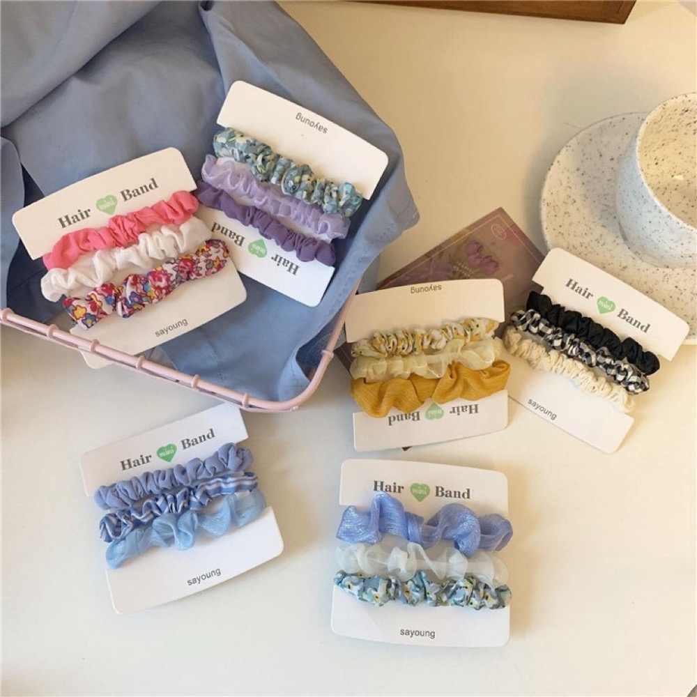 【老闆的娘】高雄現貨 隔日出 法式甜美小碎花雪紡褶皺大腸圈三件組 韓版簡約夏日百搭髮圈 包頭造型圈 綁馬尾 髮飾-細節圖2