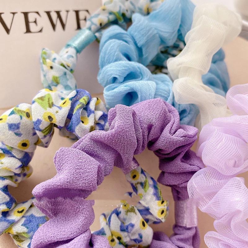 【老闆的娘】高雄現貨 隔日出 法式甜美小碎花雪紡褶皺大腸圈三件組 韓版簡約夏日百搭髮圈 包頭造型圈 綁馬尾 髮飾-細節圖5