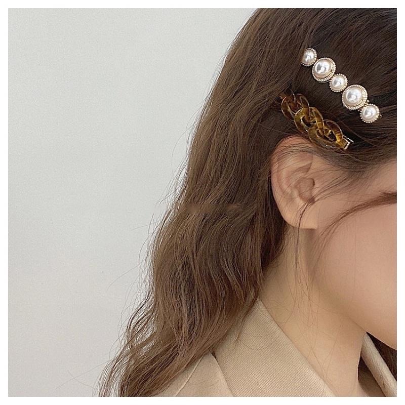 【老闆的娘】高雄現貨 隔日出 兩入組 韓版氣質百搭琥珀鏈條珍珠鴨嘴夾 大理石紋髮夾 瀏海夾 一字夾 側邊夾 碎髮夾 髮飾-細節圖8