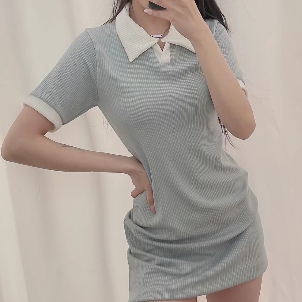 正韓🇰🇷撞色翻領洋裝-細節圖2