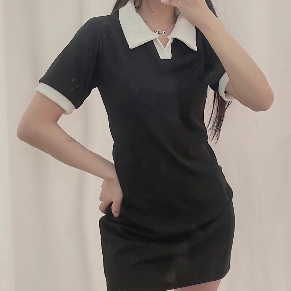 正韓🇰🇷撞色翻領洋裝-細節圖3