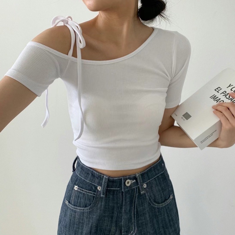 正韓🇰🇷斜肩綁帶上衣-細節圖4