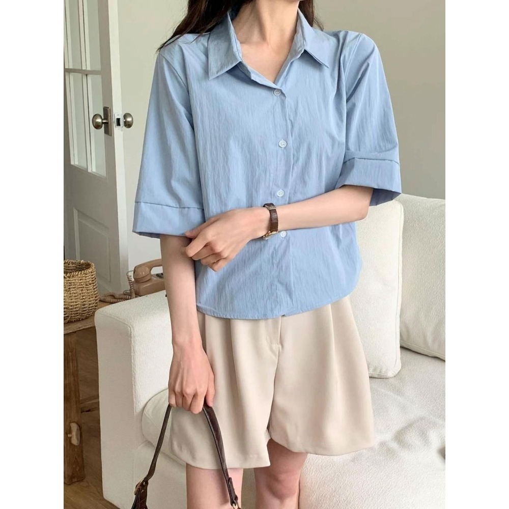 正韓🇰🇷休閒皺褶短袖襯衫-細節圖3