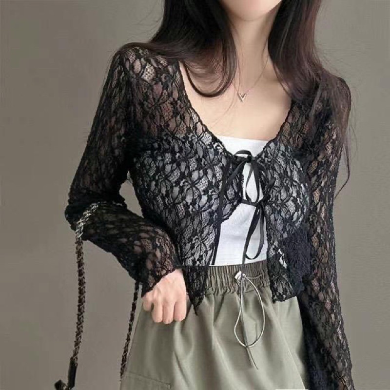正韓🇰🇷甜心蕾絲綁帶罩衫-細節圖6