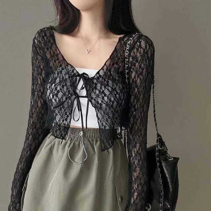 正韓🇰🇷甜心蕾絲綁帶罩衫-細節圖8