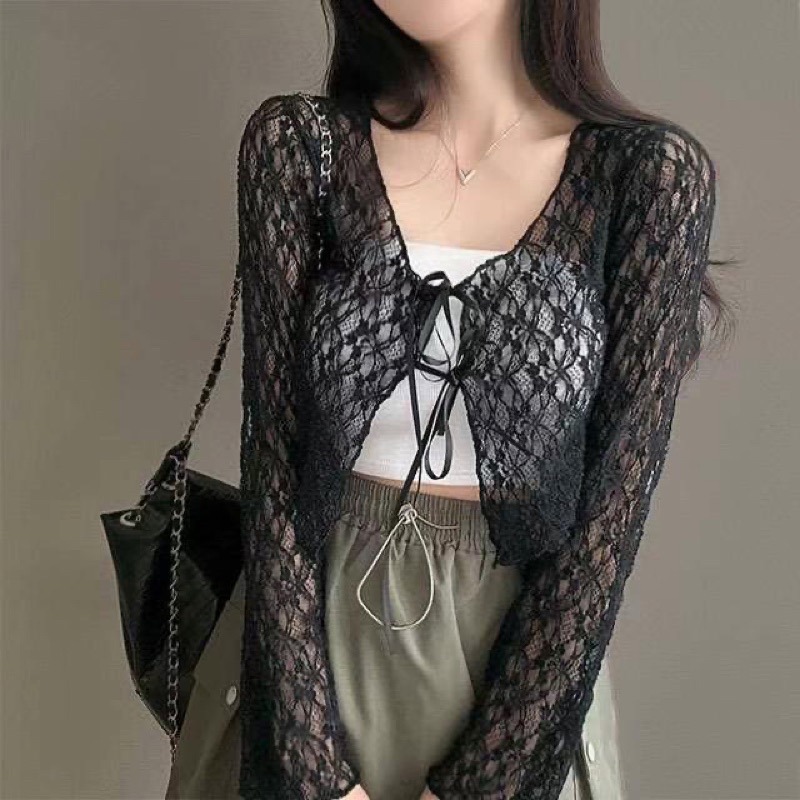 正韓🇰🇷甜心蕾絲綁帶罩衫-細節圖9