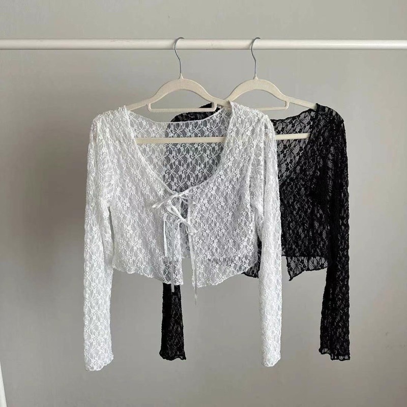 正韓🇰🇷甜心蕾絲綁帶罩衫-細節圖10