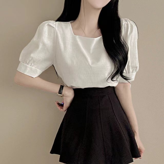 正韓🇰🇷棉麻方領上衣-細節圖4