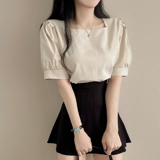 正韓🇰🇷棉麻方領上衣-細節圖6