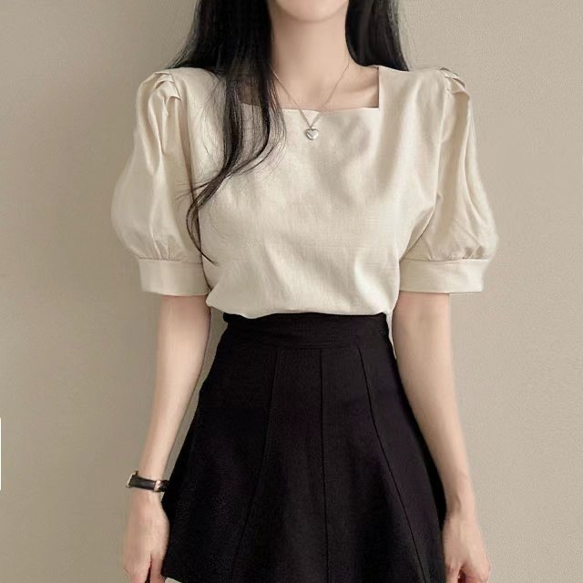 正韓🇰🇷棉麻方領上衣-細節圖7