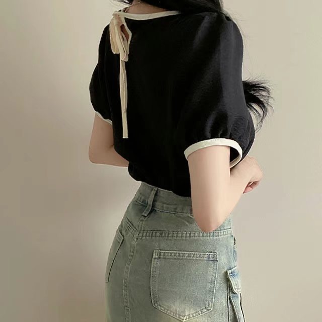 正韓🇰🇷撞色泡泡袖上衣-細節圖2
