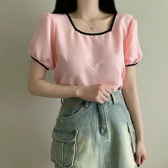 正韓🇰🇷撞色泡泡袖上衣-細節圖3