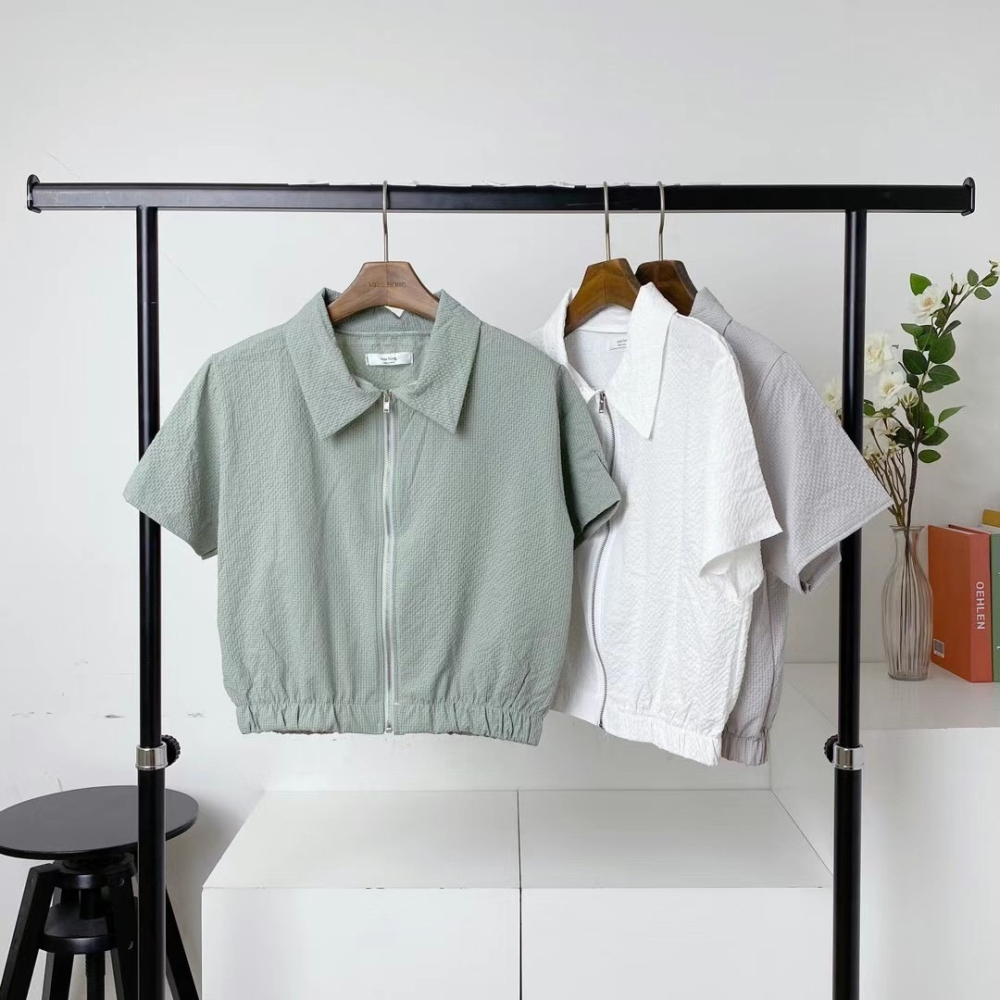 正韓🇰🇷拉鍊收腰短版袖-細節圖2