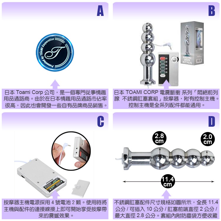 日本 TOAMI 電震脈衝系列 悶絕前列腺 不銹鋼肛塞套組 ELECTRIC SHOCK BUTT PLUG 享受前列-細節圖3
