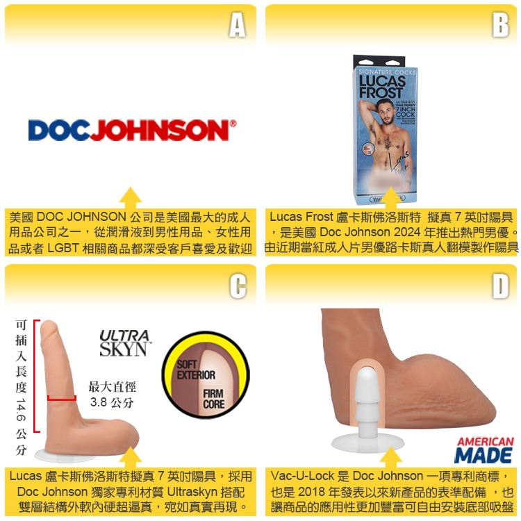 美國 DOC JOHNSON 盧卡斯佛洛斯特 擬真8吋陽具 LUCAS FROST DUAL 7＂ COCK 男優假屌-細節圖3