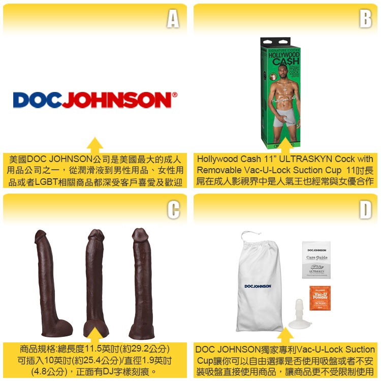 美國 DOC JOHNSON 好萊塢 凱許 擬真雙層結構11吋陽具 HOLLYWOOD CASH ULTRASKYN-細節圖3