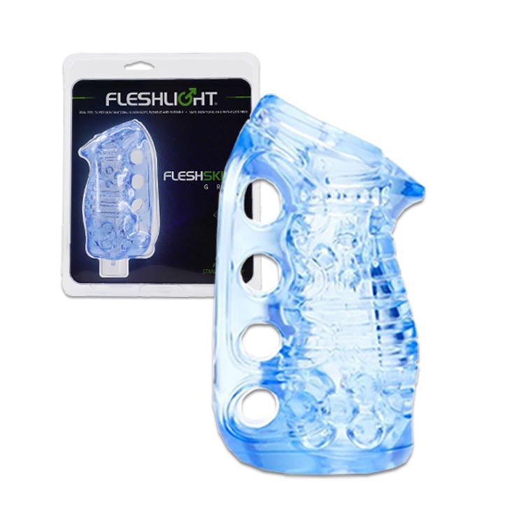 美國 FLESHLIGHT 藍晶掌中杯 貫通式自慰套 FLESHSKINS GRIP BLUE ICE 附贈站立架-細節圖2