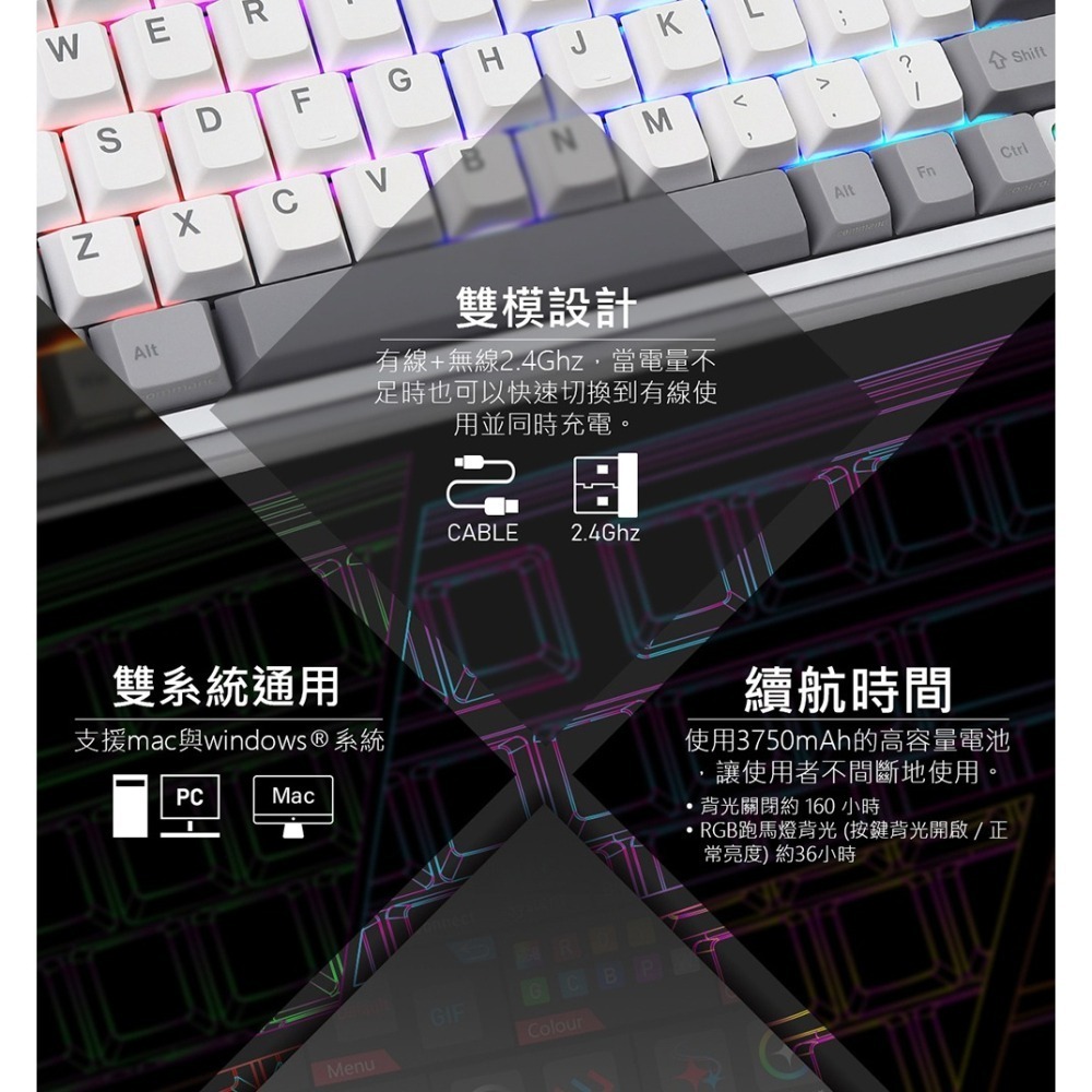 [ 總騏科技] 艾芮克 iRocks K85R  冰晶白 雙模無線機械式 GATERON熱插拔 2.4G/USB-C-細節圖4