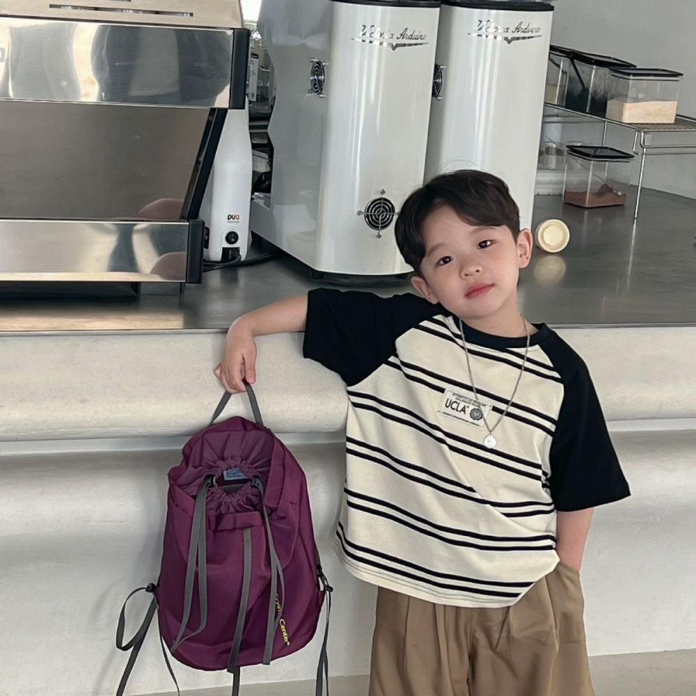 插肩感撞色條紋胸貼布上衣-細節圖4