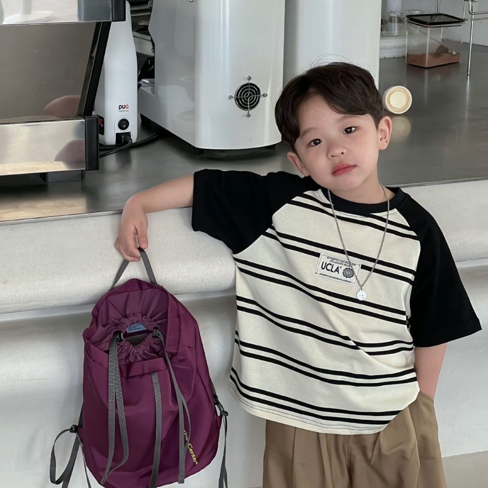 插肩感撞色條紋胸貼布上衣-規格圖4