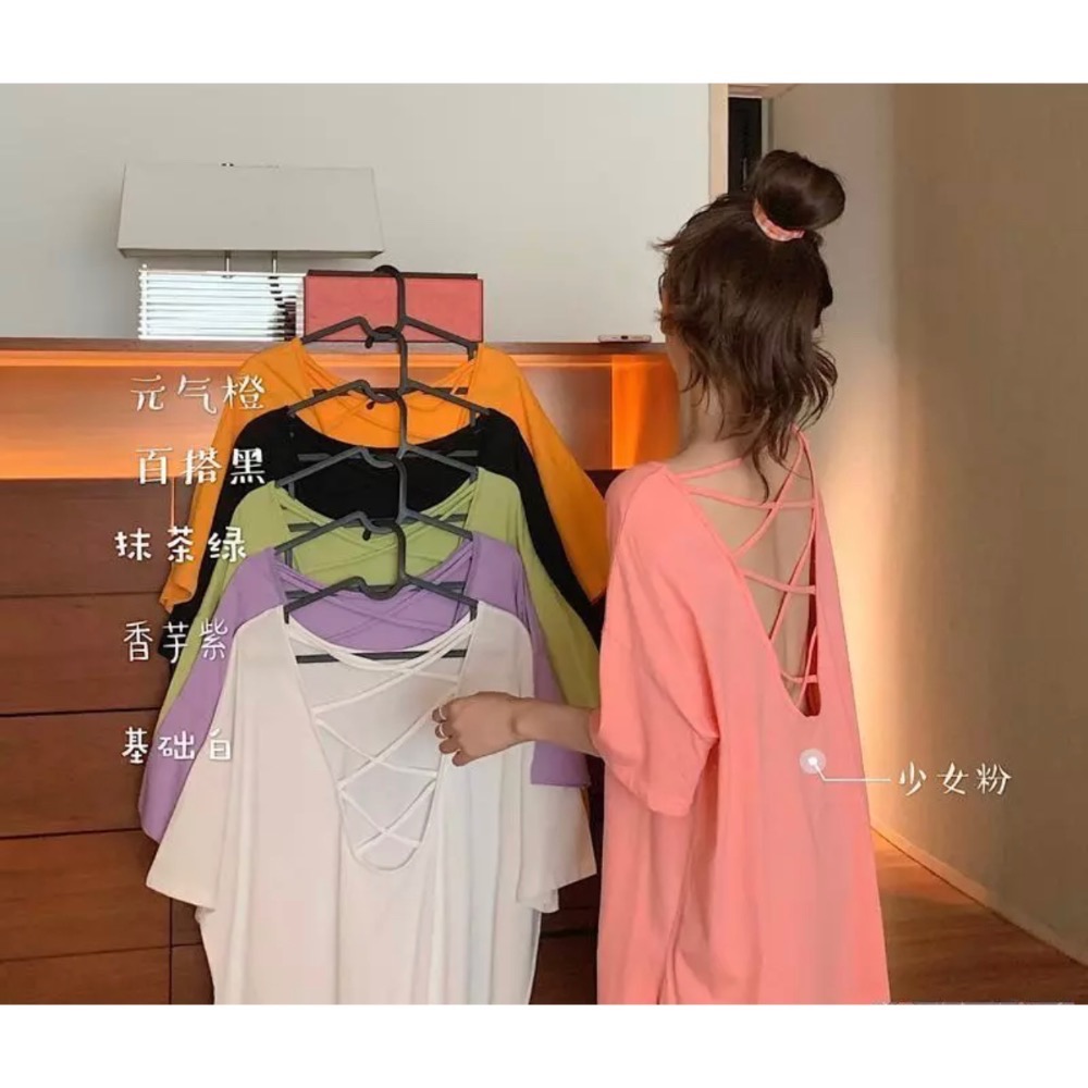 ￼🇹🇼現貨 大尺碼85 公斤寬鬆設計感交叉露背短袖T恤女韓版夏季m240學生上衣-細節圖2