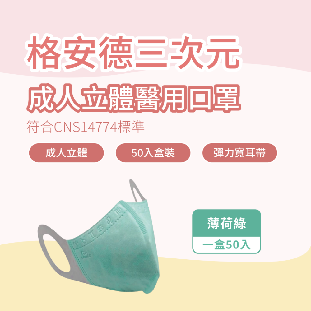 格安德 成人3D醫用口罩 小臉適用 彈力耳帶 50入盒裝 台灣製 醫療級-規格圖7
