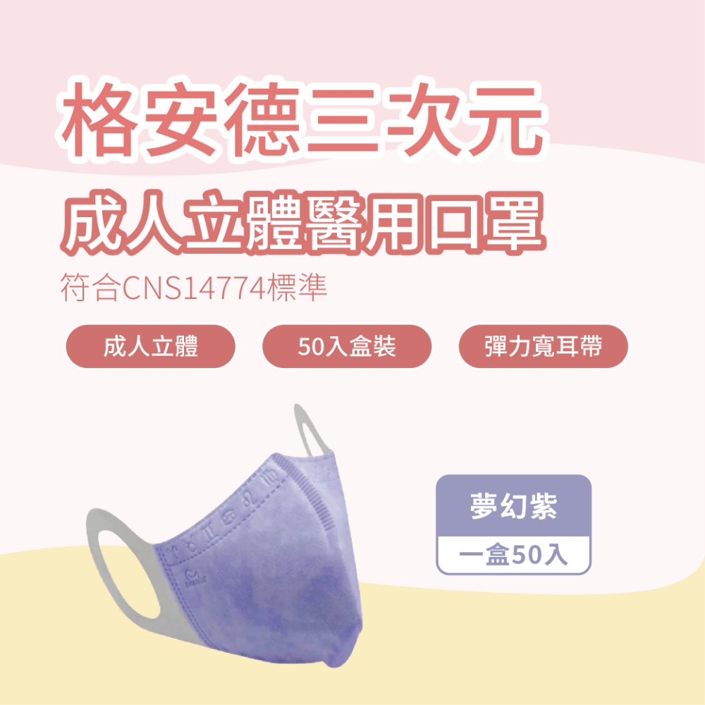 格安德 成人3D醫用口罩 小臉適用 彈力耳帶 50入盒裝 台灣製 醫療級-規格圖7