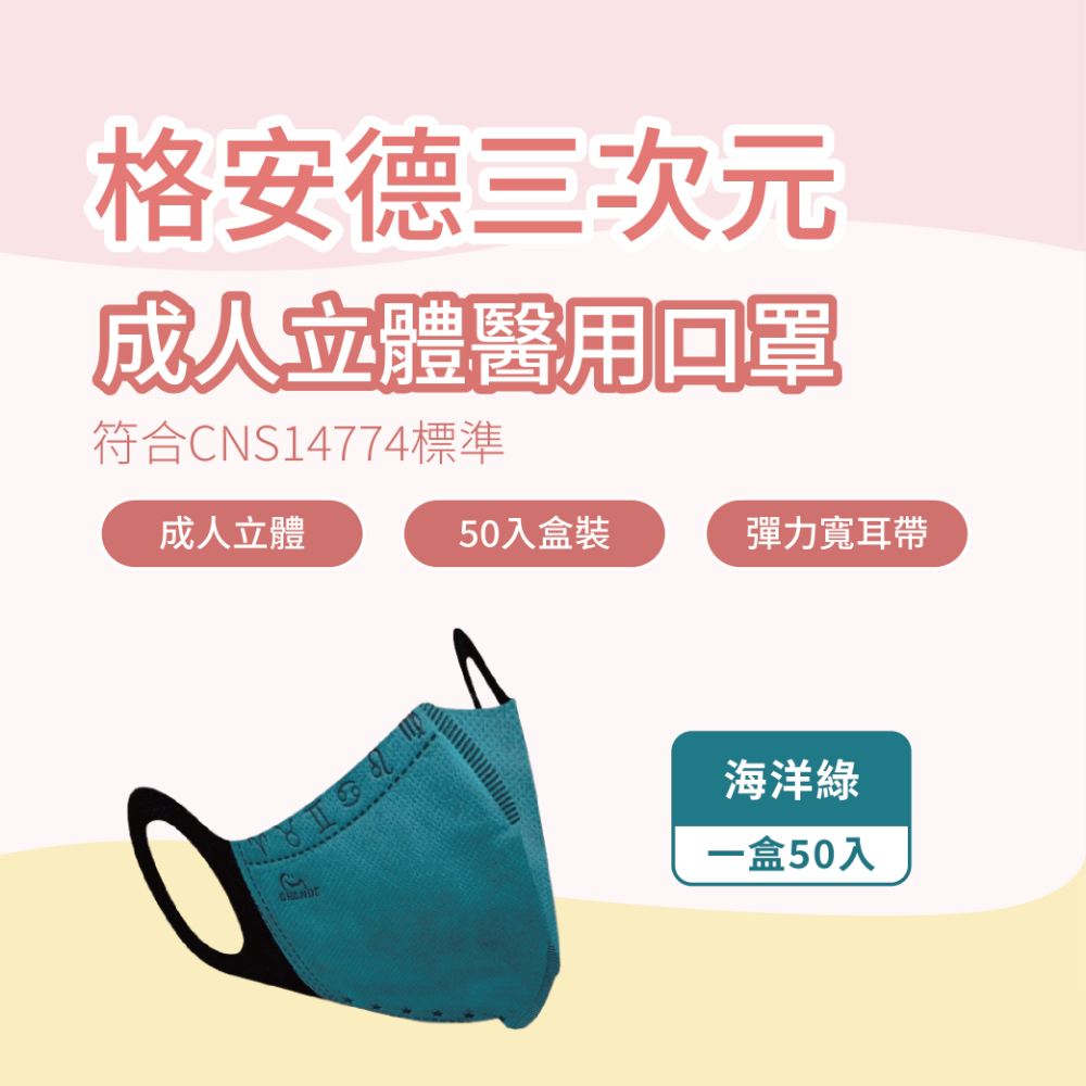 格安德 成人3D醫用口罩 小臉適用 彈力耳帶 50入盒裝 台灣製 醫療級-規格圖7