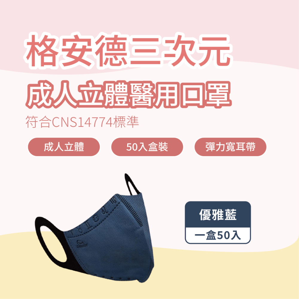 格安德 成人3D醫用口罩 小臉適用 彈力耳帶 50入盒裝 台灣製 醫療級-規格圖7