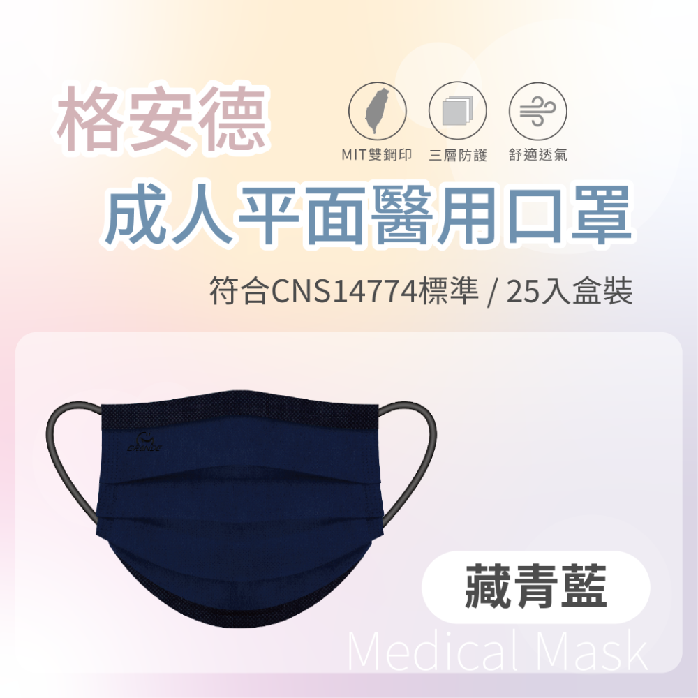 格安德 成人平面醫用口罩 撞色口罩 25入盒裝 MD雙鋼印 台灣製 醫療口罩-規格圖2