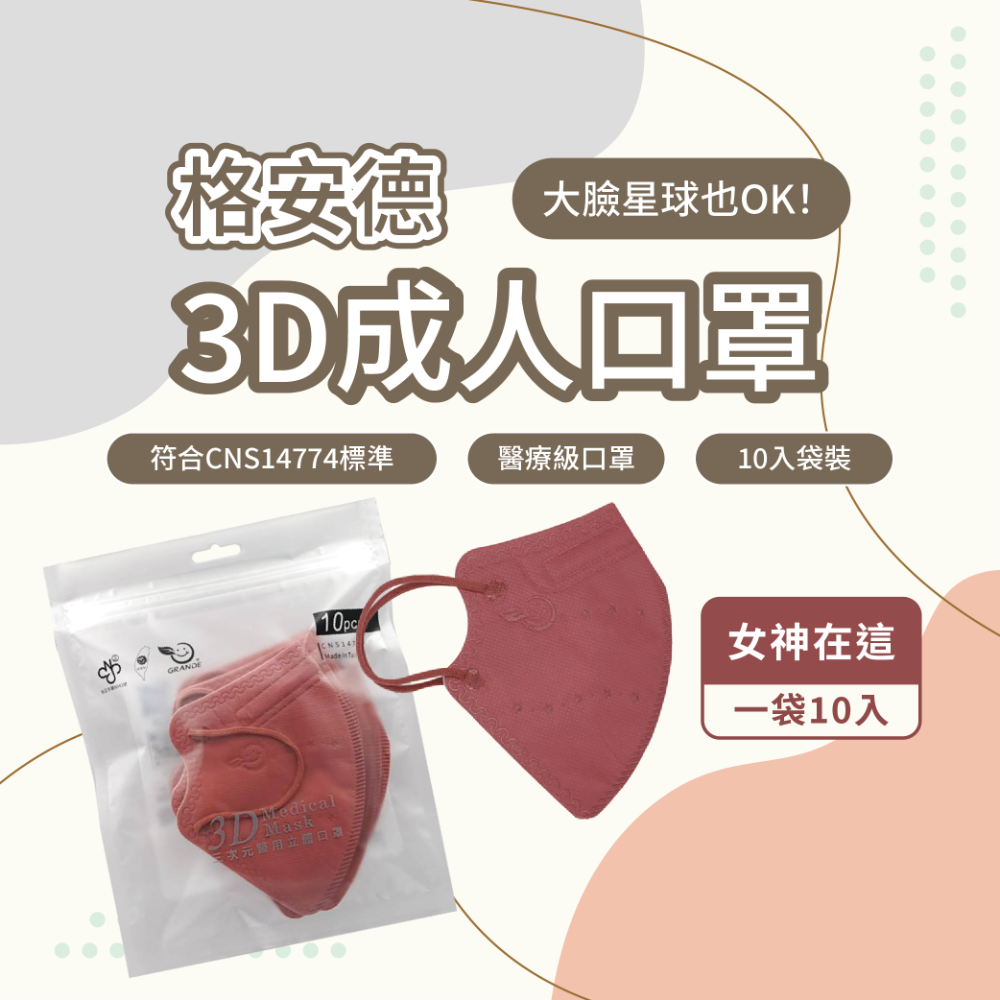 格安德 成人口罩 3D立體口罩 台灣製 醫療級-規格圖7