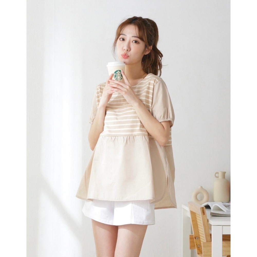 日系異材質拼接寬鬆上衣-細節圖2