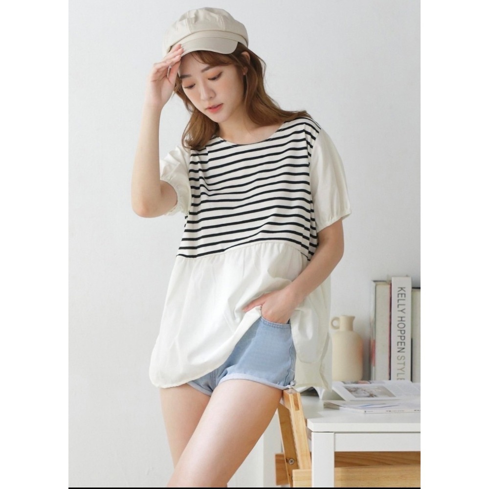 日系異材質拼接寬鬆上衣-細節圖3